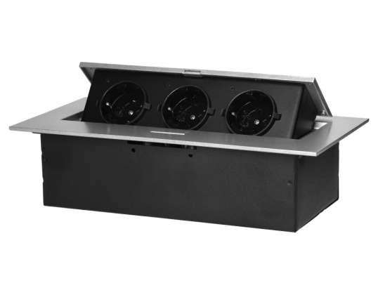Встраиваемая мебельная розетка с плоским краем. 3x2P Z Schuko. серебристая