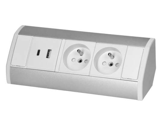 Möbelsteckdose 2x2P Z. 2xUSB Typ A C; 2.4A . weiß-silber