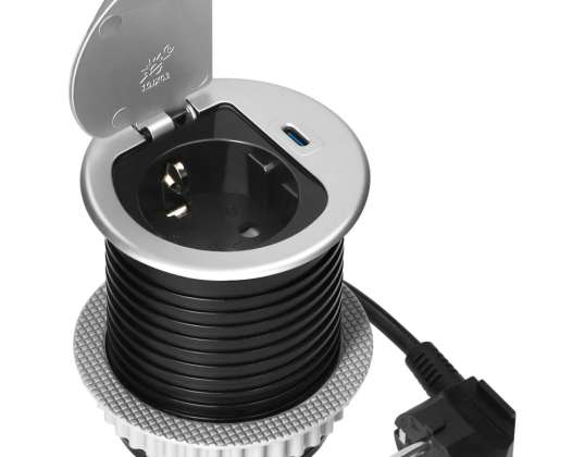 Möbelsteckdose ?6cm, eingelassen in die Arbeitsplatte mit Abdeckung, USB-Ladegerät und Kabel 1,9m. 1x2P+Z (Schuko). 1xUSB Typ C; 20W. silberfarben
