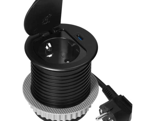 Möbelsteckdose ?6cm bündig in die Arbeitsplatte mit Deckel, USB-Ladegerät und 1,9 m Kabel, 1x2P+Z (Schuko), 1xUSB (Typ C; 20W), schwarz