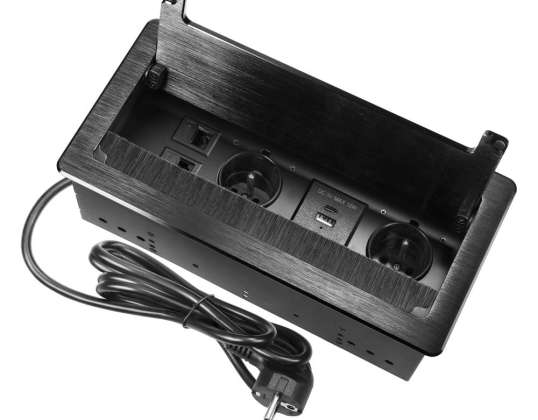 Meubeldoos verzonken in het blad met een platte gefreesde rand. Met een anti-stofborstel en een kabel van 1,5 m. 2x2P met Frans . 2xUSB type A C; 3.6A .