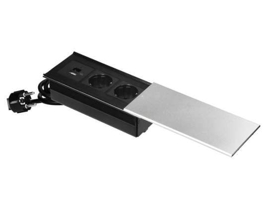 Möbelsteckdose mit Schiebedeckel. 2x2P Z Schuko. USB A C. silber