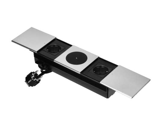Möbelsteckdose mit Schiebedeckel. 2x2P Z Schuko. Drahtloses Ladegerät. Silber