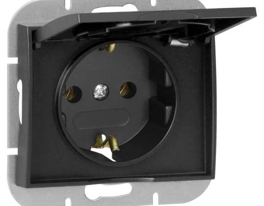 Enkelt uttak p/t 2P Z Schuko sprutsikker med lokk Onyx. 16A. 250V. PT 17OH. svart