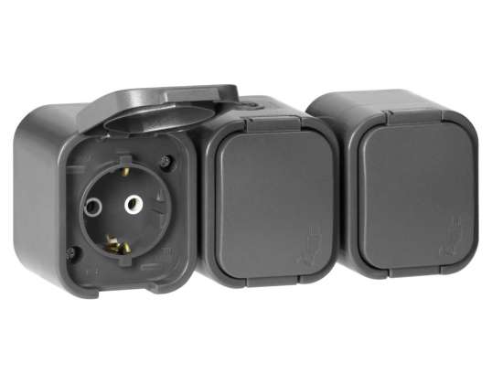Prise triple n/t 3x2P Z. Schuko. étanche aux éclaboussures avec rabat B2. Indice de protection IP54. NT 317 B2. gris