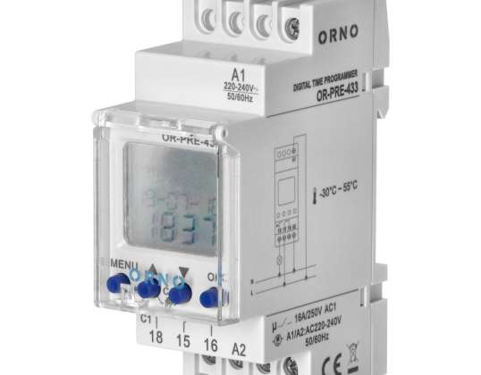 Elektronisk tidsprogrammerer. 52 programmer. 3 menuesprog. 2 moduler. DIN TH 35mm