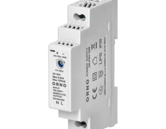 DIN sliedes baro avots 24VDC. 0.63A. 15W. platums 1 modulis
