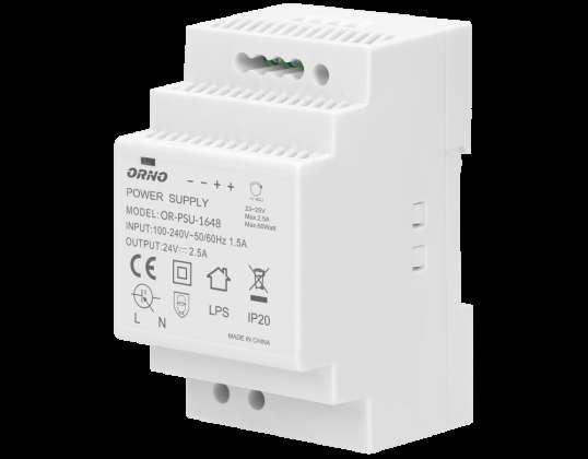 DIN sliedes barošana 24VDC. 2.5A. 60W. platums 3 moduļi