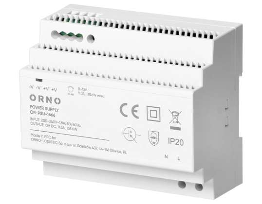 DIN bėgio maitinimo šaltinis. 12VDC. 11.3A. 135.6W. 6 moduliai