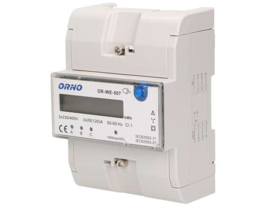 Trefaset elektrisk energimåler. 120A. 5 moduler. DIN TH 35mm. ekstra knap