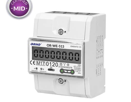 Трехфазный счетчик электрической энергии 80A. MID. 3 модуля. DIN TH 35mm