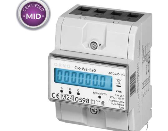 Tre-faset elektrisk energimåler. 80A. MID. 3 moduler. DIN TH 35mm