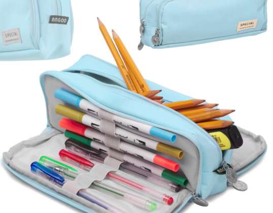 School pencil case triple pouch cosmetic bag 3in1 blue