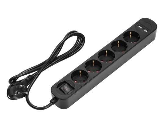 Prenapetostna zaščita. 5 2P vtičnice s Schuko . Kabel 3x1,0 mm2. dolžina 1,5 m. z dvotirnim osvetljenim stikalom. 10A/230 VAC.