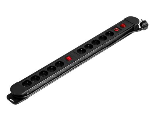 Voedingsstrip 10 stopcontacten 2P+Z kabel 3x1,5mm2 lengte 1,5m 2xVerlichte dubbelpolige schakelaar Thermische schakelaar. 16A/230 VAC Zwart