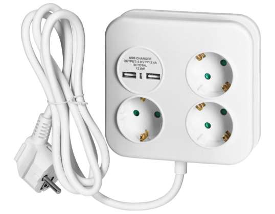 Quadratische Steckdosenleiste mit USB-Ladegerät 3x2P Z Schuko. 2xUSB A. Kabel 3x1.5mm2. 1.4m
