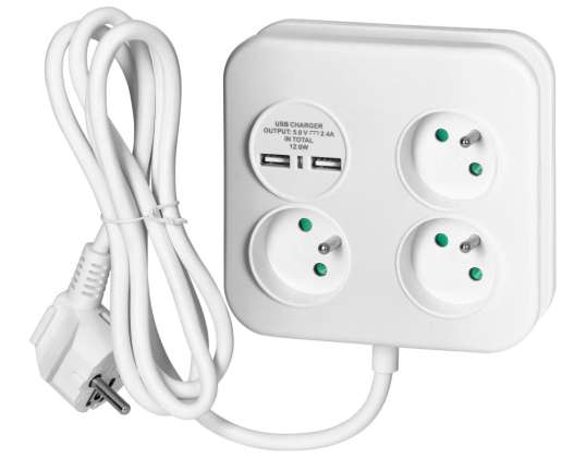 Quadrische Steckdose mit USB-Ladegerät 3x2P Z. 2xUSB A. Kabel 3x1.0mm2. 1.4m