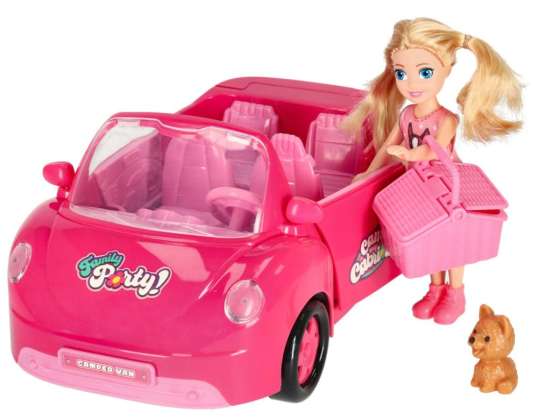Bambola auto decappottabile picnic set cucciolo rosa 4 pz.