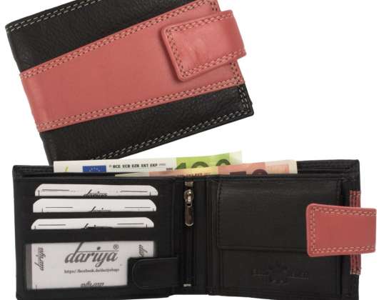 Hochwertige Rindleder Geldbörse mit weißer Doppelnaht und Außenriegel- schwarz/rosa