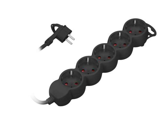Rallonge 5 gangs 2P avec Schuko . 3m H05VV F 3x1.0mm ?. Imax=10A. prise plate. noir