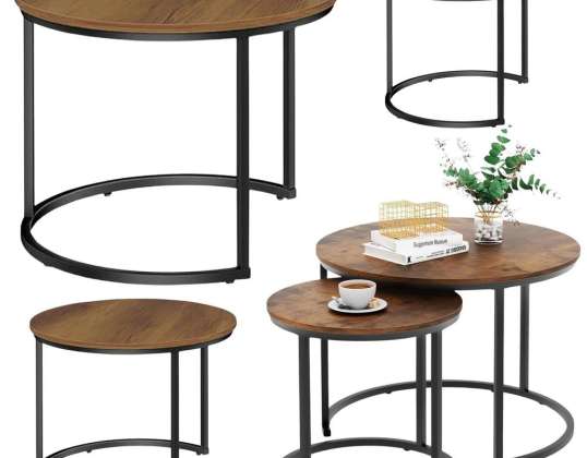 Set aus runden Couchtischen 3in1 Vintage Naturholz 51cm 40cm 30cm