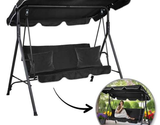 3-Sitzer-Gartenschaukel mit Baldachin und 2 Kissen, schwarz HO01CZ