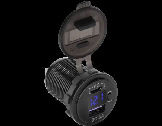 Cargador de coche USB USB tipo C con función Quick Charge Power Delivery y medidor de voltaje 48W