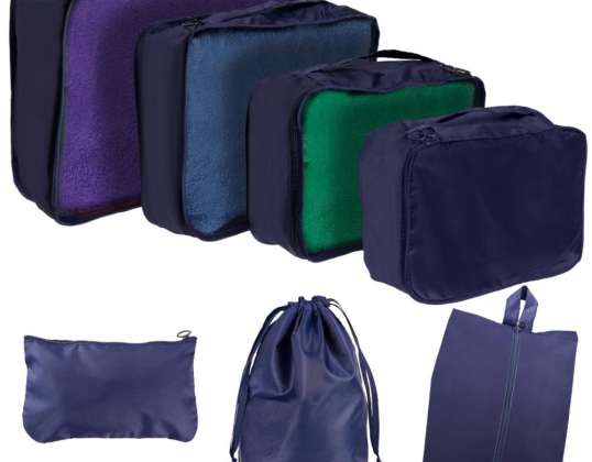 Koffert Arrangører Travel Set 8 stk Klær Oppbevaring Tilbehør Vesker Vanntett Kosmetisk Bag Skoveske Marineblå
