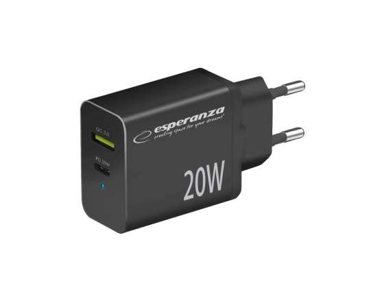 EZC105K Esperanza sienas lādētājs 20w usb c pd 20w / usb a qc 3.0 18w melns