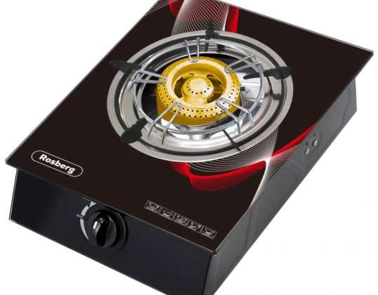 Single gas stove Rosberg R51454GA, 30 mbar, Black tempered glass, Cast iron burner, with two holders
