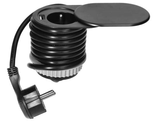 Furniture socket ?6cm. recessed into the tabletop with a sliding lid. USB charger and 1.9m cable. 1x2P Z. 1xUSB 2.4A . 3x1mm?. Black