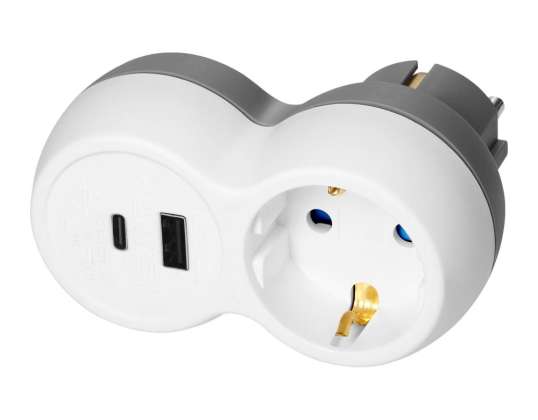 Verdeelsnoer 2P Z. USB A C. schuko. wit grijs