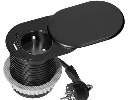 Nábytková zásuvka ?6cm. zapuštěná do desky se skládacím víkem. USB nabíječka a kabel 1,9m. 1x2P Z francouzský. 1xUSB typ A C; PD20W. černá