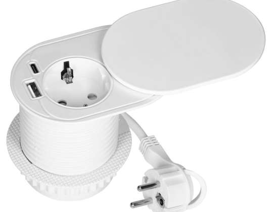 Steckdose für Möbel ?6cm. mit einem Schiebedeckel in die Tischplatte eingelassen. USB-Ladegerät und 1,9 m langes Kabel. 1x2P mit Schuko . 2xUSB Typ A C; PD20W . Weiß