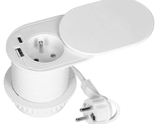 Steckdose für Möbel ?6cm. mit einem Schiebedeckel in die Tischplatte eingelassen. USB-Ladegerät und 1,9 m langes Kabel. 1x2P Französisch . 2xUSB Typ A C; PD20W . Weiß