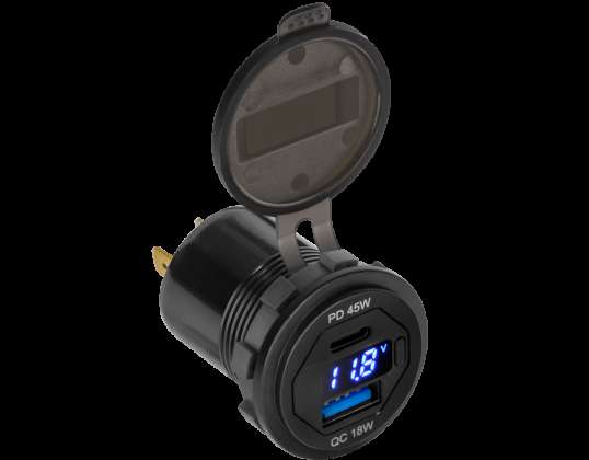 USB-Autoladegerät mit USB Typ C, Quick Charge, Power Delivery und Spannungsmesser 63W