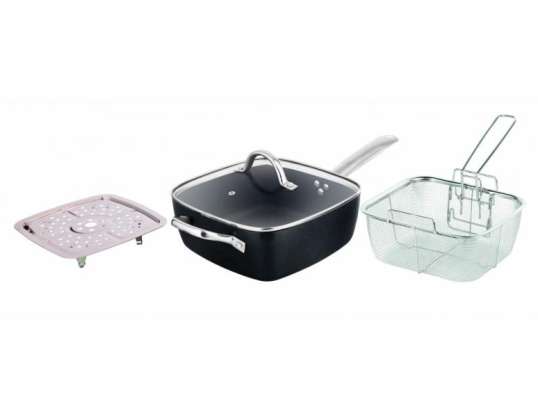 Oliver Voltz OV51319H4 aluminum square pot with frying basket and steamer, 24 x 24 x 9.5 cm., 4.3 l., Black