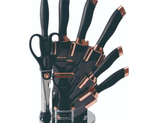 Oliver Voltz OV51633K9G, Juego de cuchillos 8 piezas, con soporte acrílico con base giratoria, negro/oro rosa