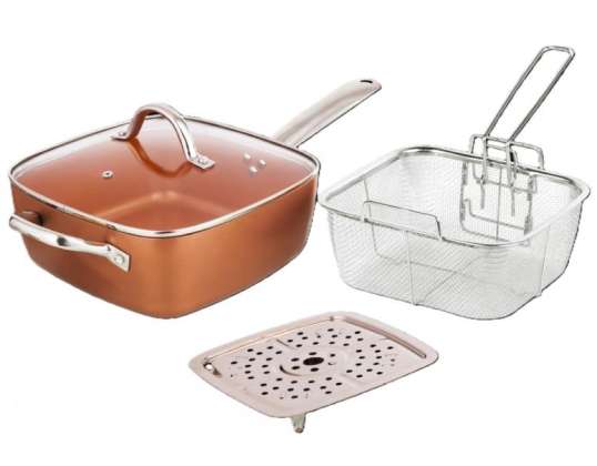 Oliver Voltz OV51319H4 aluminum square pot with frying basket and steamer, 24 x 24 x 9.5 cm., 4.3 l., Copper