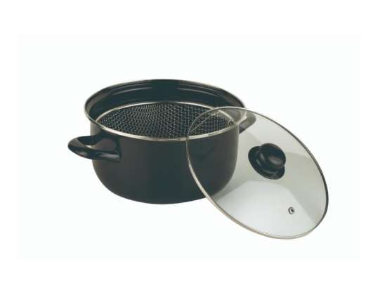 Rosberg R51213J, Enamel pot with frying basket 24X11сm., Tempered glass lid with steam vent, Black