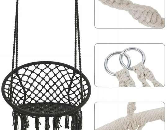 HUŚTAWKA OGRODOWA BOCIANIE GNIAZDO FOTEL WISZĄCY BOHO CZARNY 150 KG