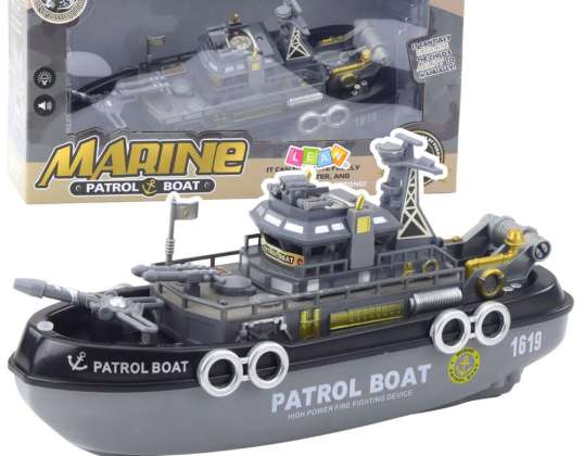 Patrol boat lights sounds water spray movable parts