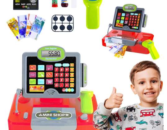 CAISSE ENREGISTREUSE FISCALE POUR ENFANTS AVEC MICROPHONE, LECTEUR, ÉCRAN LCD ET ACCESSOIRES – UN SET POUR JOUER À LA BOUTIQUE