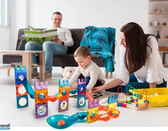 BLOCS MAGNÉTIQUES – PISTE DE BILLE 3D POUR LA CONSTRUCTION – 54 PIÈCES + INSTRUCTIONS + AUTOCOLLANTS – JOUET ÉDUCATIF 3+