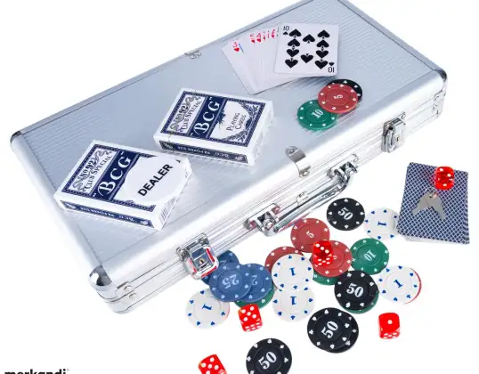 300 JETONS DE POKER DANS UN BOÎTIER EN ALUMINIUM – DÉS, CARTES, JETON DU CROUPIER – SET COMPLET POUR LES JOUEURS