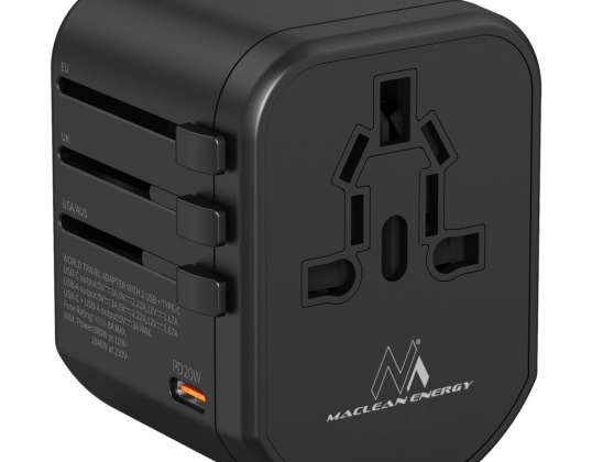 Maclean utazási adapter. USB hálózati adapter. 2xUSB 2.4A USB C PD 20W. 8A biztosíték. Gyors és gyors töltés. 200 ország szerte a világon. MCE