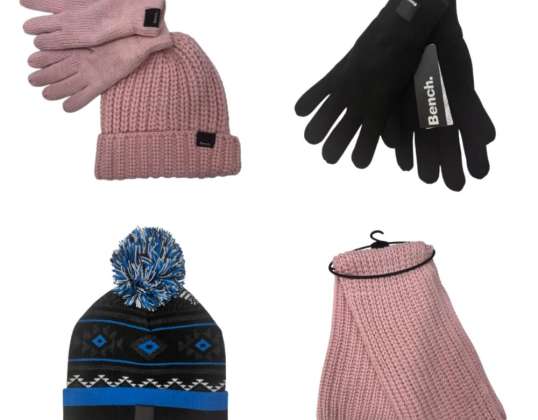 Bench mix of hats, scarves and gloves for women, men and children