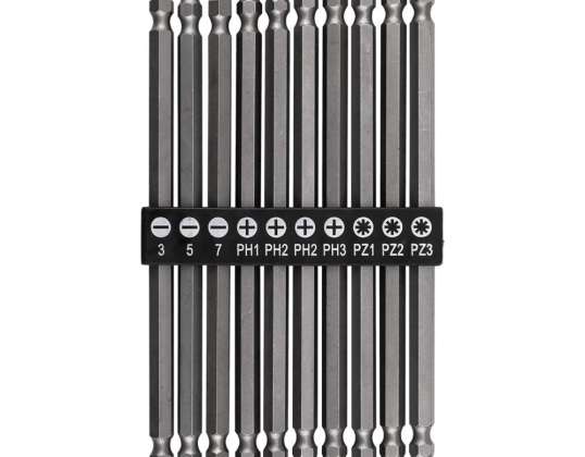 Langt dobbeltsidet bitsæt: SL3 /5/7. PH1 /2 /2 /3. PZ1/2/3 x 150 mm. 10 stk.