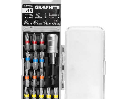 SL3/4/5 bit set. PH1/2/3. PZ1/2/3. TX10/15/20/25/30 x 25 mm. with handle. Magnet. 65 mm. 15 pcs.