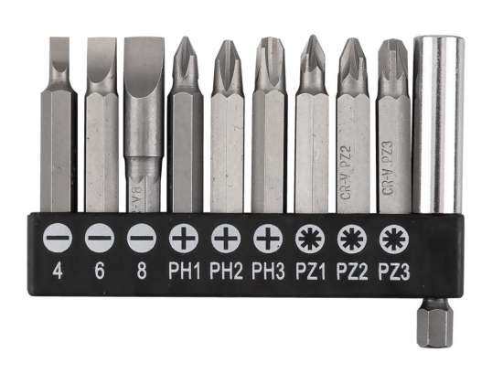 SL4/6/8 bit set. PH1/2/3. PZ1/2/3 x 50 mm. with 60 mm magnetic holder. 10 pcs.